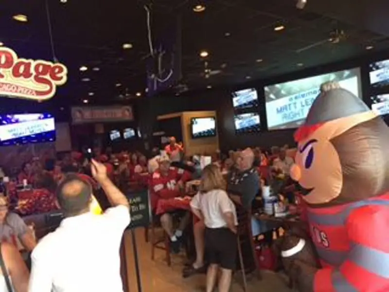 Brutus Buckeye greets the crowd at a game watch